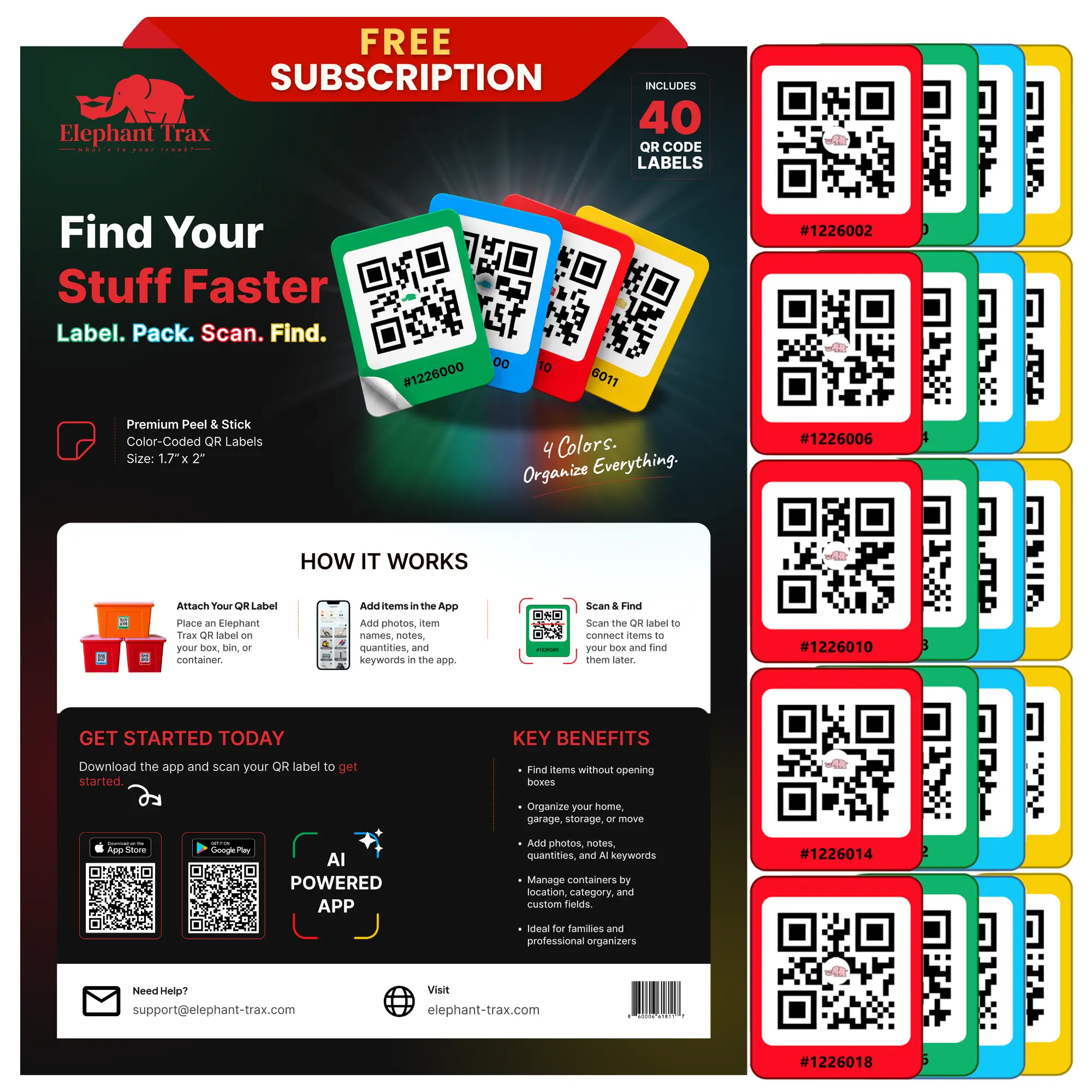 Colored QR code labels, 40-pack, for storage bins and moving boxes